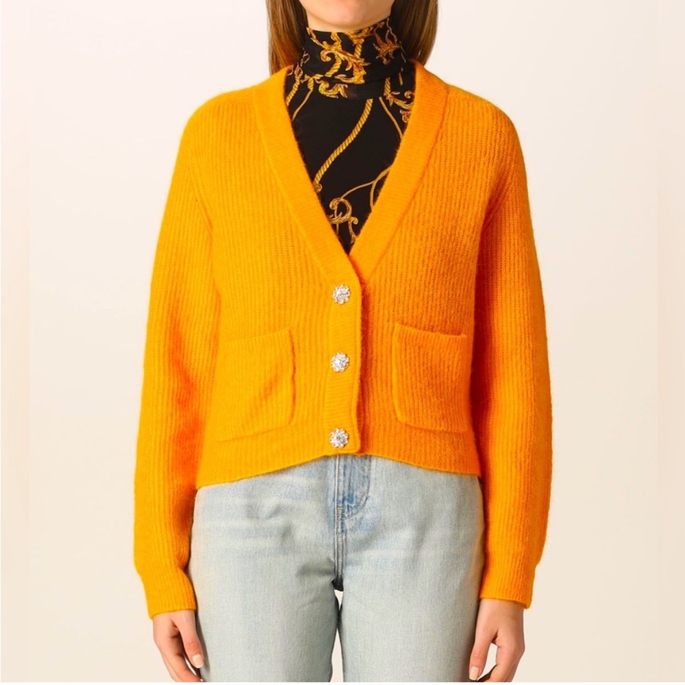 Ganni Orange Knit Crystal-Embellished Cardigan